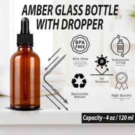 Paquete de 2 botellas cuentagotas de vidrio ámbar de 4 onzas con cuentagotas de vidrio cónico, botellas redondas Boston de vidrio ámbar de 120 ml con cuentagotas de vidrio – Botella gruesa de aceites