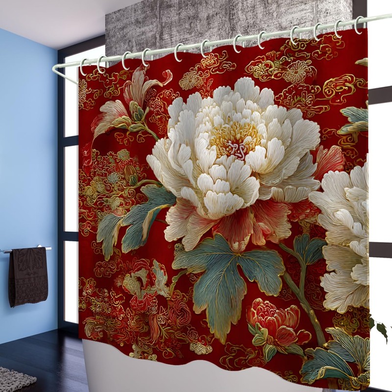 WODEJIA Red Peony Shower Curtain, Chinese Style Floral Embroidery Bathroom