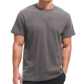 VEIISAR Men's Waffle Crew Neck Mid Weight T-Shirt Medium Thick 6.5 oz Tees（ Dark Grey L）