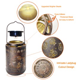 Upgraded Ladybug Solar Lanterns Outdoor Waterproof Hanging Metal Lanterns for Garden, Yard, Patio & Porch, Lucky Ladybug Birthday & Romantic Gifts for Women, Mom, Grandma