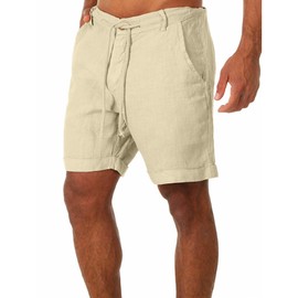 YAOBAOLE Cotton Linen Men Short with Pockets Drawstring Summer Beach Shorts Khaki L
