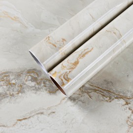 CHIHUT 17.7”x236” Glossy Marble Peel and Stick Countertop Contact Paper Thick Waterproof Marble Contact Paper Self Adhesive Beige Gold Wallpaper Countertop Vinyl Cover for Kitchen Furniture