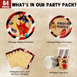 WERNNSAI Pirate Party Supplies - 64PCS Pirate Party Plates Napkins Cups for Kids Boys Birthday Party Supplies Disposable Tableware Set Treasure Pirate Birthday Party Decorations Serves 16 Guests