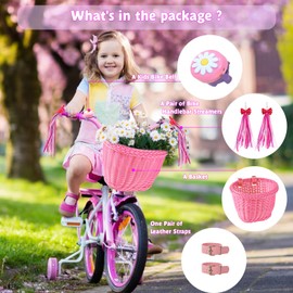 SVNR Kids Bike Basket Set, Girl Bike Basket Purple Handwoven, Bike Baskets for Kids, Children Cycling Basket with Spare Leather Straps, Bowknot Streamers and Bell Easy Install Detachable