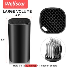 Universal Knife Block Holder for Kitchen, WELLSTAR Knife Stand without Knives, Safe Space Saver Large Volume Stable Knife Storage with Scissors Slot, Detachable for Easy Cleaning – Black