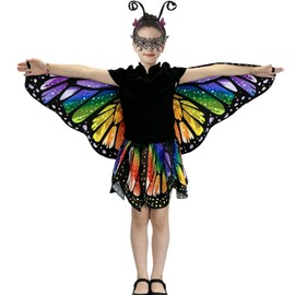 Pack of 5 Costume Children's Butterfly Girls Butterfly Wings - Double-Sided Print Butterfly Cape Wings Cape with Tutu Skirt Headband Face Mask for Carnival Fancy Dress Costume (Rainbow)