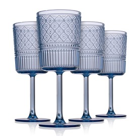 Godinger Wine Glasses, Acrylic Wine Glass Cups with Stem, Red Wine Glasses, Plastic Drinking Glasses, Vintage Romantic Decor - Clear, Set of 4 (Blue)