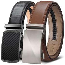 Mens Ratchet Belt, ITIEZY Genuine Leather Dress Belts 2 Pack with Slide Automatic Buckle in Gift Box