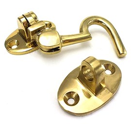 Small Brass Cabin Hook 3-Inch/ 75mm Brass Cabin Hook & Eye Silent Catch Door Latch Holder with Screws Silent Cabin Hook for Shed Gate Catch Garden Gate Latch Patio Doors Pack of 1.