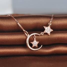 Infinite U Fashion Stars Crescent Moon 925 Sterling Silver Cubic Zirconia Pendant Adjustable Necklace Women Necklet, Rose Gold