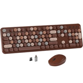 MPTOG Colorful Wireless Computer Keyboard and Mouse Combo with Round Typewriter Keycaps, Retro Design, Power Switch, Ergonomic Design, 2.4GHz Wireless for Windows, Mac, PC(Coffee-Colorful)