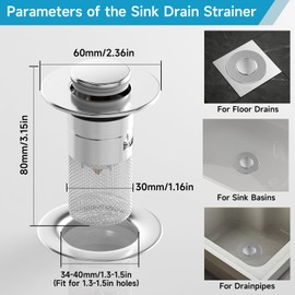 Sink Plug with Strainer 34-40 mm Pop Up Floor Drain Filter Sink Plug Stainless Steel Drain Strainer Sink Plug Drain Valve Hair Strainer Eccentric Plug for Drain Drain Sink, Pack of 1