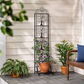 Evergreen Garden Tree of Life Metal Lattice Trellis with Plant Stand, Iron Trellis Lattice for Climbing Plants, Floor Plant Stand Indoor and Outdoor for Patio, Porch, Garden