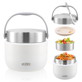 volumoon Thermal Container for Food 1.2 L, Stainless Steel Warming Container with Spoon and Lid, Leak-Proof Thermal Bowl with Carry Handle, Thermal Lunch Box for Office, School, Outdoor (White)