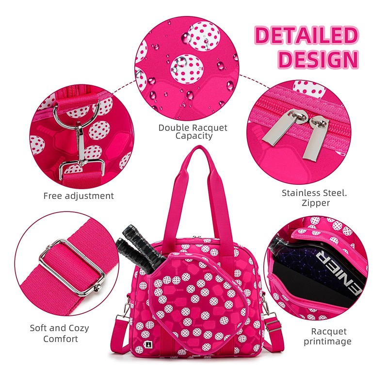 ROYALFAIR Pink Neoprene Pickleball Tote Bag, Large Capacity, Adjustable Shoulder