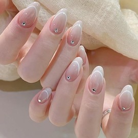 Press On Nails Set, Almond Fake Nails with small Glitter Design,Reusable Nail Kit with Nail Glue Adhesive Tabs, Glossy Nails for Women Girls