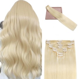 POGINJA Clip in Hair Extensions Real Human Hair, Remy Human Hair Extensions Clip ins for Women, 100% Natural Human Hair, Double Weftm, 16inch 90g 8Pcs, #60 Platinum Blonde