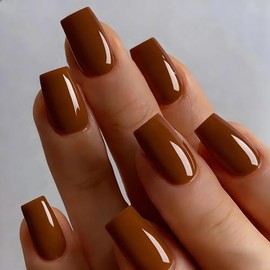 Uñas postizas marrones cuadradas medianas, uñas postizas de gel suaves, uñas acrílicas brillantes de cobertura completa, fáciles de aplicar con pegame