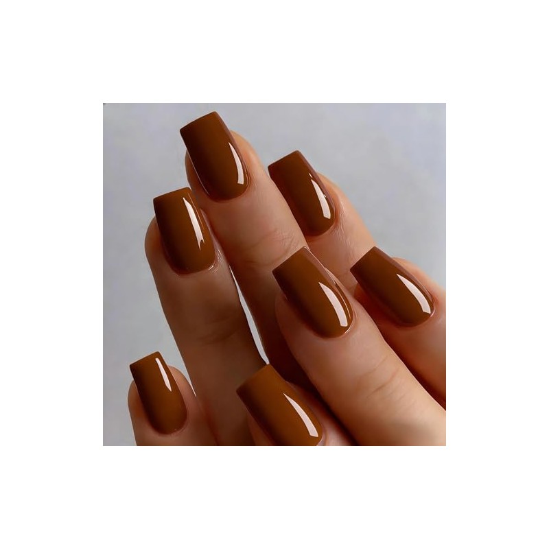 Uñas postizas marrones cuadradas medianas, uñas postizas de gel suaves,