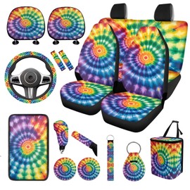 WUYOJUXA Tie Dye Car Seat Covers Full Set 17 Pcs Hippie Car Interior Accessories Rainbow Tie Dye Print Steering Wheel Covers Headrest Pillow Covers Automotive Cans Organizer Keychains Armrest Pad