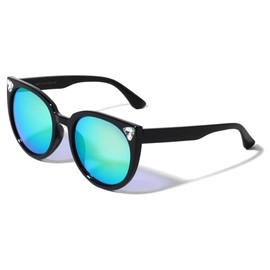 Color Mirror Round Lens Triangular Diamond Rhinestone Cat Eye Sunglasses P30286-RH-CM (Rose Gold Black)