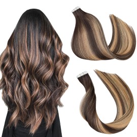 Tape in Hair Extensions Real Human Hair，Bleach and Caramel Blonde Remy Human Hair 16 in50g Seamless Tape in Hair Extensions ，Thick Ends Straight Seamless, Invisible Tape in Hair Extensions Human Hair