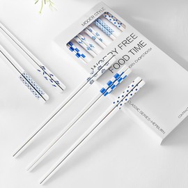 Chopsticks Reusable Dishwasher Safe 5PC Blue Porcelain Chopsticks Hepburn Style,High-grade Bone Ceramics with Delicate Box