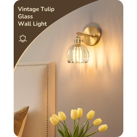 EDISHINE Vintage Wall Sconces Set of Two, Brass Wall Lamp with Transparent Tulip Glass Lampshade 180 Degree Adjustable Wall Lights Hardwired, Bathroom Lighting Fixtures Wall Decor for Bedroom