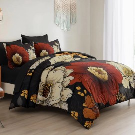 Xruibed Black Floral Comforter Set Queen Size 7 Pieces Bed in a Bag Flower Be...