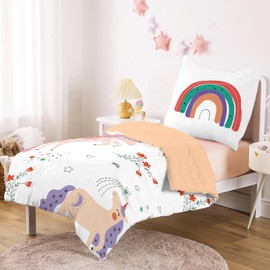 CINYE Children's Girls Kawaii Unicorn Bed Linen 135 x 200 cm Reversible Bed Linen with 80 x 80 cm Pillowcase 3D Printed Flowers Rainbow Pattern 100% Microfibre Colourful Bed Linen with Zip