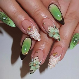 MERVF Almond Press on Nails Medium Green Aura Fake Nails 3D Flower Design Glue ons Shell Beach Stiletto Acrylic Nail Supplies DIY Manicure Glossy 24pcs