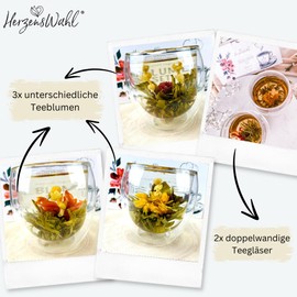HerzensWahl Teeblumen Geschenkset | 6x Teeblumen, 2x Teetassen & Geschenkbox | Erblühtee | Teerosen Probierset | grüner Tee – Teeblumen & (Teegläser Set) für Teeliebhaber