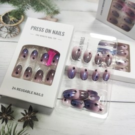 Spider Press on Nails Blue Glitter Stick on Nails Sparkly Starry Sky Acrylic Fake Short Oval Nails 24 Pcs Glossy Silver Glitter Starry Sky False Nails Black Spider Gel Glue on Nails for Women Girls