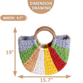 Straw Bag, Beach Bag for Woman, Bohemian Hand-Woven Handbags, Semi-circular Color Tote Bag, Straw Beach Bag Suitable for Picnic, Travel, Daily Matching