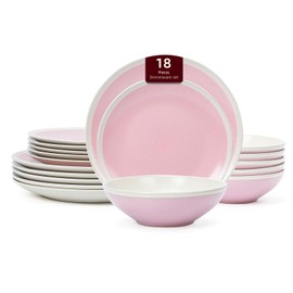 HomeVss Rock Ridge Speckled Stoneware Dinnerware Set (18pc Set, Pink and Ivory)