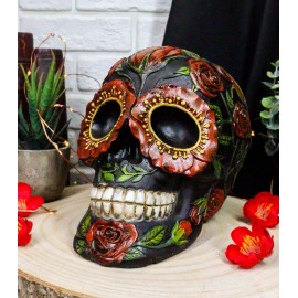 Gothic Day of The Dead Red Floral Roses With Green Foliage Skull Figurine