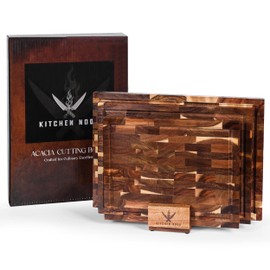 Kitchen Nook Acacia Wood Cutting Board Set - 3 Piece Acacia Cutting Board with Holder, Knife Friendly, Dual Sided, Built-in Handles, & Juice Grooves | 13, 15, & 17 Non Toxic Cutting Boards for Kitchen