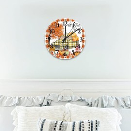 Wodevor 10 Inch It's Fall Yall Orange and White Buffalo Check Plaid Clocks Quality Quartz Non Ticking Fall Pumpkin Gnomes Indoor Wall Clocks Arabic Numbers Round Clock