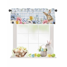 Easter Valance Bunny Blue Eucalyptus Leaves Curtains for Kitchen Window Spring Buffalo Plaid Light Filtering Rod Pocket Easter Curtain Valances Window Treatment for Bathroom Dining Room 42x12in