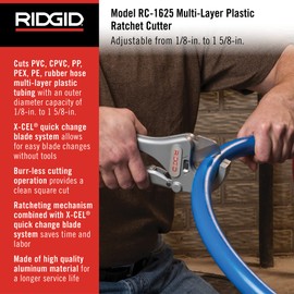 RIDGID 23498 Model RC-1625 Aluminum Ratchet Action 1/8" to 1-5/8" Plastic Pipe And Tubing Cutter, Silver, Small
