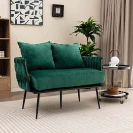 Giantex Loveseat Sofa, Upholstered 2 Seat Sofa Couch with Dutch Velvet, Woven Back and Arms, 2 Pillows, Removable Padded Cushion, 5 Solid Metal Legs, for Living Room Apartment Reception Room (Green)