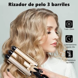 Pantio Rizador de Pelo, Rizador De Cabello Ondas Cerámica Triple Barriles 25mm, Temperatura Ajustable, Calienta Rápidamente en Todo Tipo de Cabello, para Mujeres en Casa y Viaje (Oro)