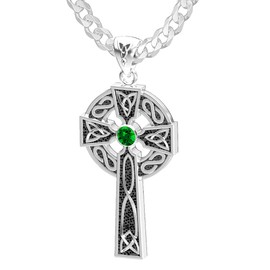 US Jewels 1.5in Men's 925 Sterling Silver Simulated Emerald May Birthstone Irish Celtic Knot Cross Pendant 4mm Curb Necklace, 26in