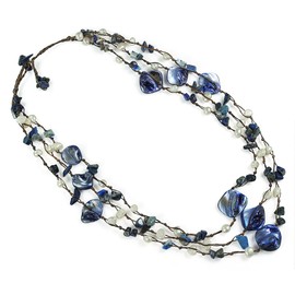 AeraVida Boho Summer Blue Shell Triple Layer Simulated Blue Quartz Statement Necklace | Triple Layer Blue necklace | Blue Bead Necklace | Boho Necklaces for Women
