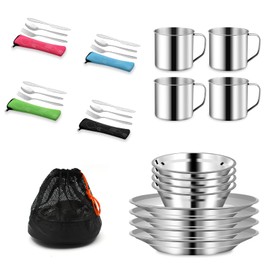 29pcs Stainless Steel Utensils Camping Tableware Kit with Bowls Plates Cups Forks Spoons and Knives for 4