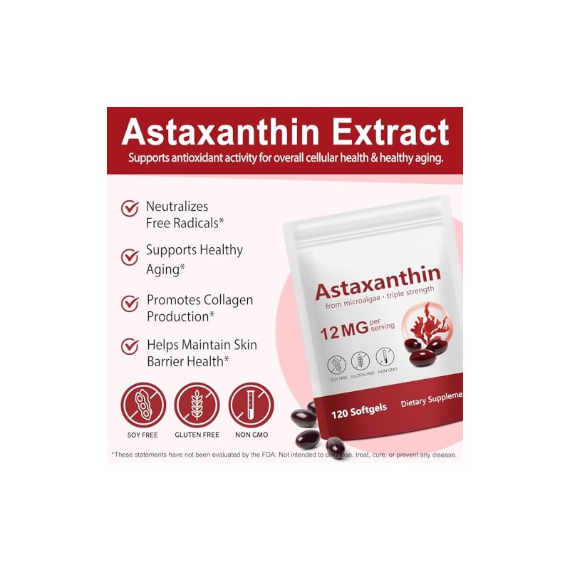 Astaxanthin 12 mg Supplements, 120 Softgels Premium Astaxanthin Antioxidant Supplements