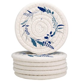 6 Pieces Cotton Coasters Absorbent Floral Woven Coasters Set of 6 Aesthetic Flower Cotton Coasters for Desk Coffee Table Protection Housewarming Gifts Table Decoration (Dark Blue Leaves Wreath)