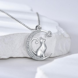 LWXIE Diamond Cat Necklace 925 Sterling Silver Moon Cat Pendant Necklace Cute Animal Jewelry Mothers Day Gifts for Women Cat Lovers, Sterling Silver, Diamond