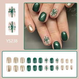 Green Press on Nails Short Square Christmas Fake Nails Gold Glitter Glue on Nails Green Gifts Stick on Nails Reusable Glossy Xmas Winter False Nails for Women Girls Holiday Manicure 24pcs