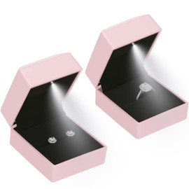 2 Pieces Ring Earring Gift Box with LED light, Elegant Velvet Ring Case Jewelry Display for Proposal, Engagement, Wedding, Gift (Pink)